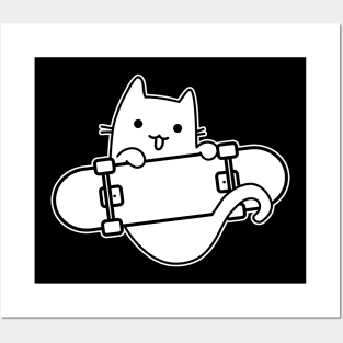 Cat and Skateboard Skateboarding Happy Cat Outline Posters and Art